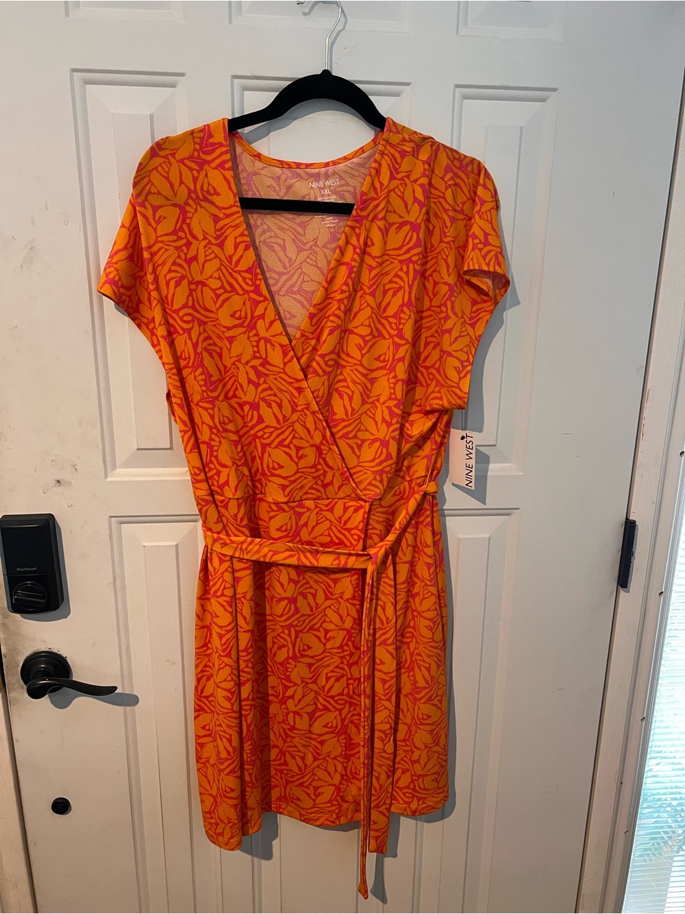 Nine West Orange and Pink Leaf-Print Wrap Dress